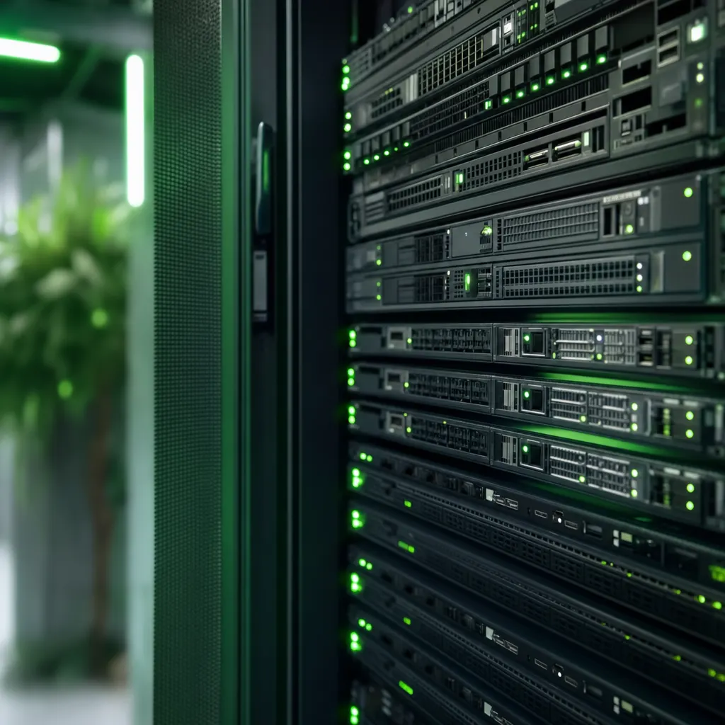 Servervirtualisierung im Rack mit grün leuchtenden Statusanzeigen
