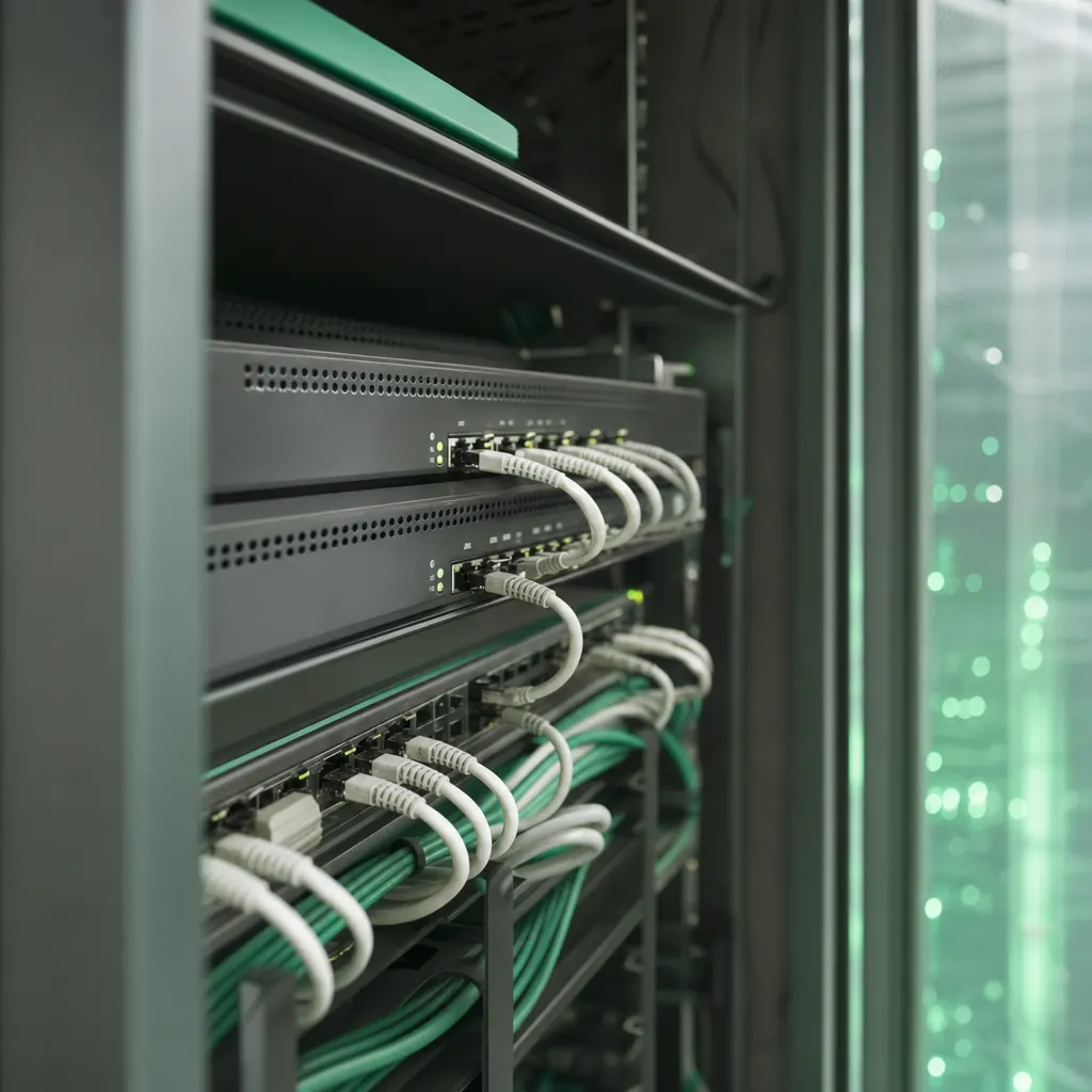 Netzwerk-Switches mit gesteckten Patchkabeln im Serverschrank