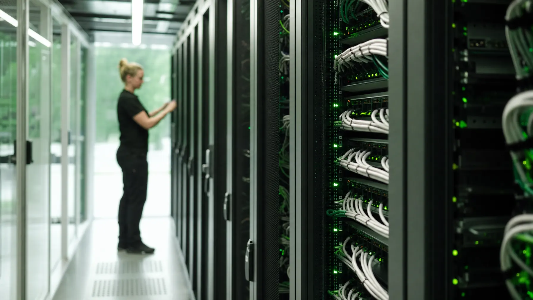 Moderner Serverraum mit sauberer Kabelführung und grünen Status-LEDs