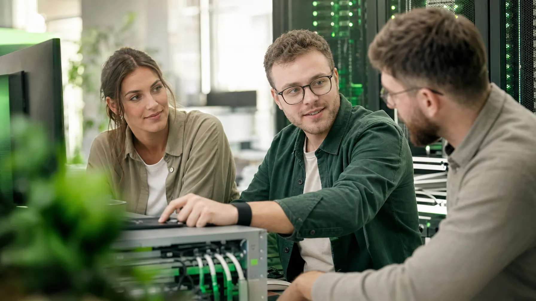 IT-Fachkraft arbeitet konzentriert an Netzwerktechnik in einem hellen Arbeitsumfeld