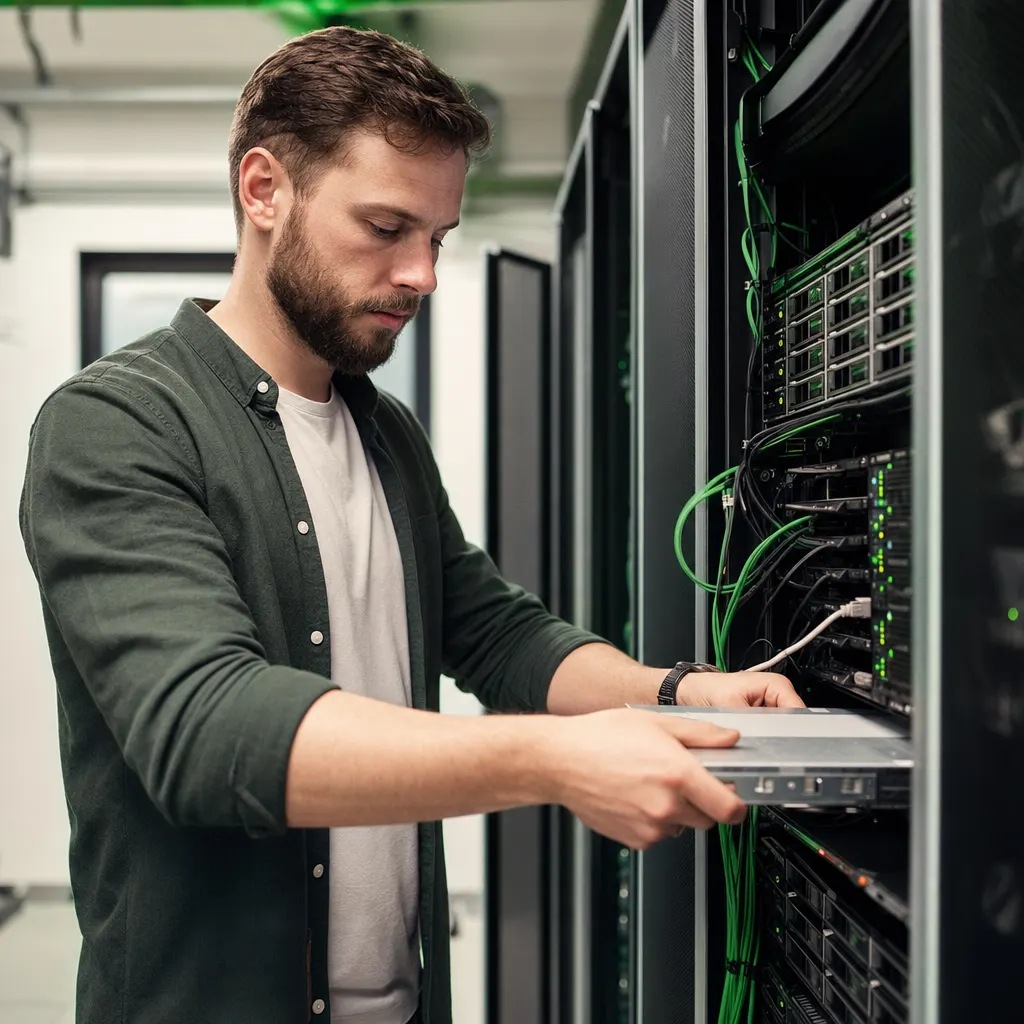IT-Fachkraft arbeitet eigenverantwortlich an Technik im Serverraum