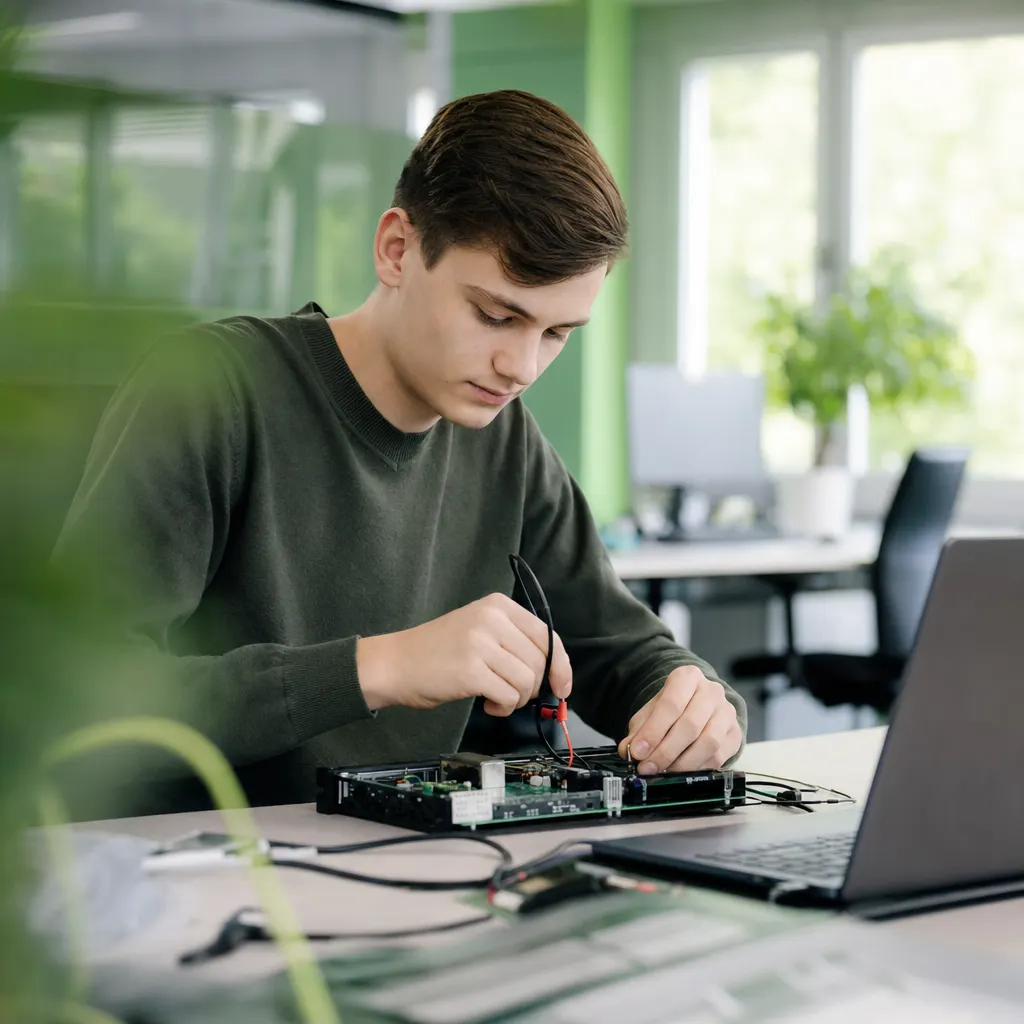 Junge IT-Fachkraft lernt an moderner Netzwerktechnik