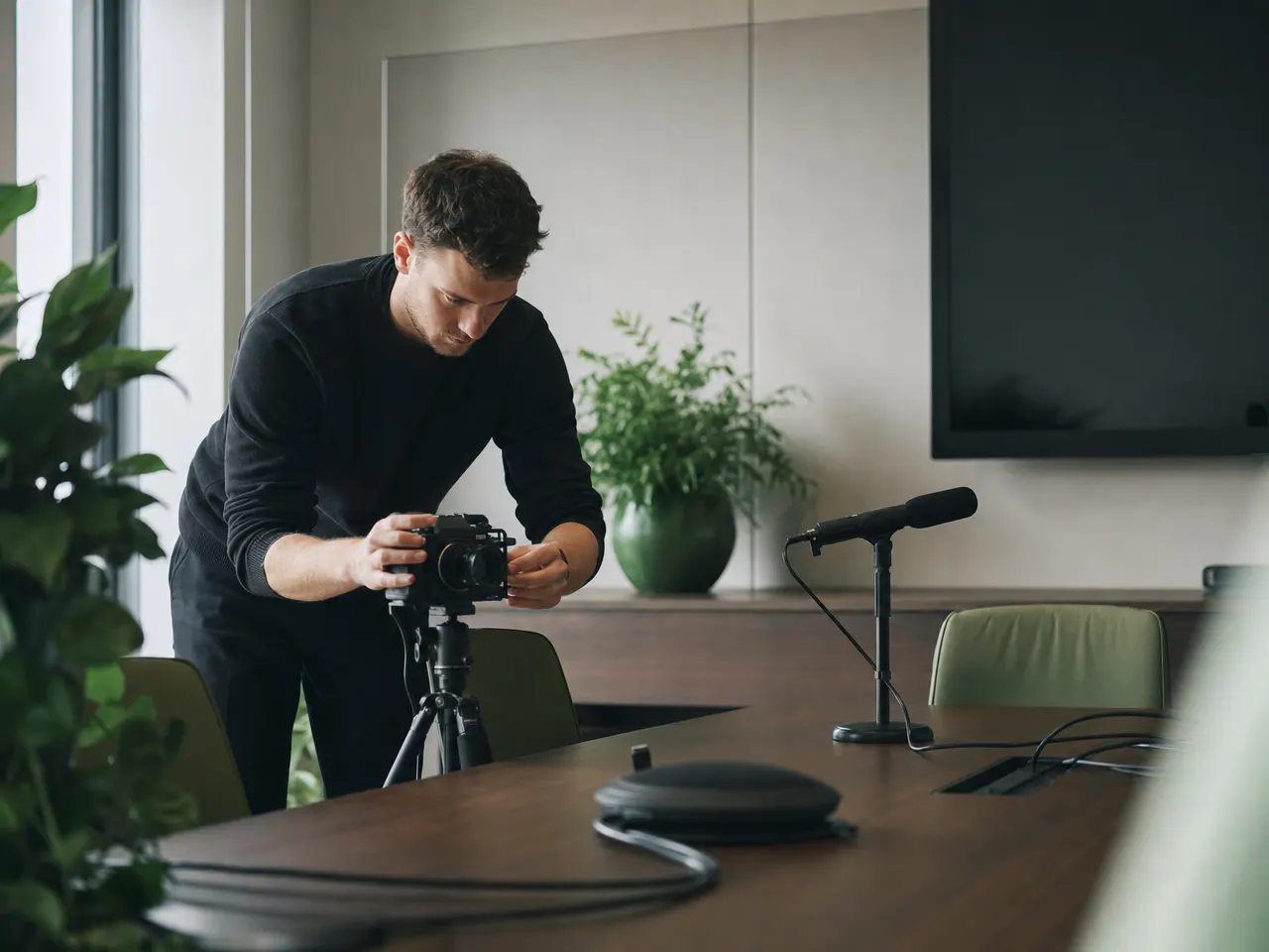 Techniker richtet Kamera und Mikrofone in einem Besprechungsraum ein