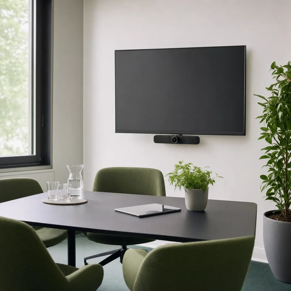 Kleiner Besprechungsraum mit Display und Videokonferenzkamera