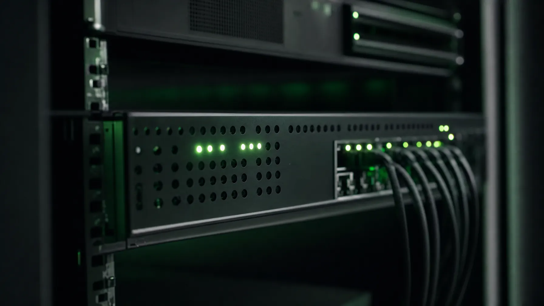 Firewall-Appliance mit grün leuchtenden LEDs im Serverschrank