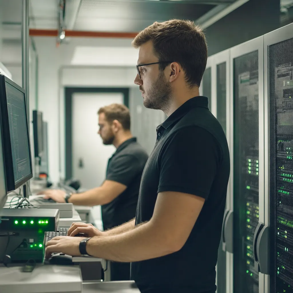 IT-Team betreut Systeme an Monitoren im Serverraum