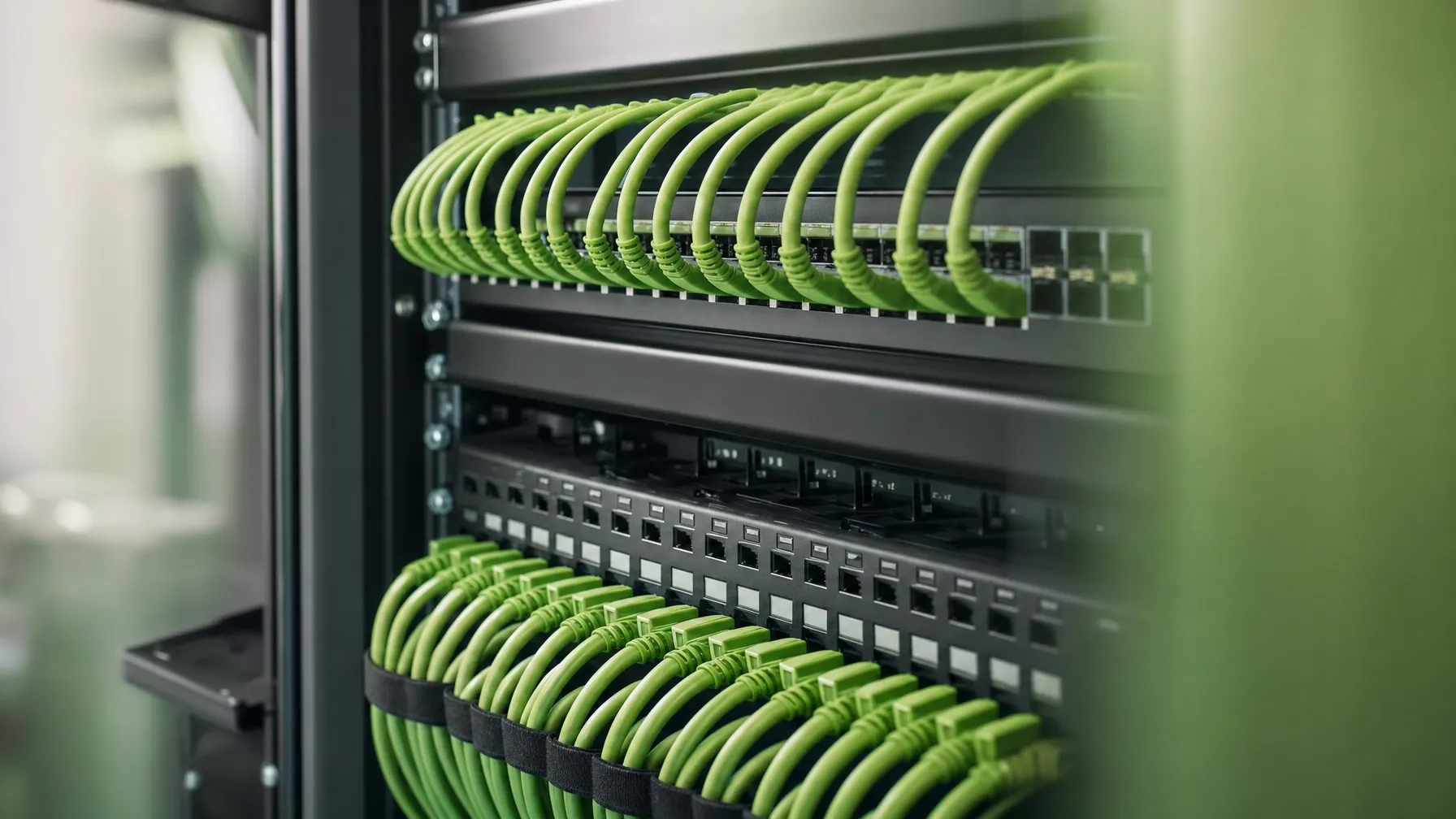 Patchpanel im Serverschrank mit sauber rangierten Netzwerkkabeln