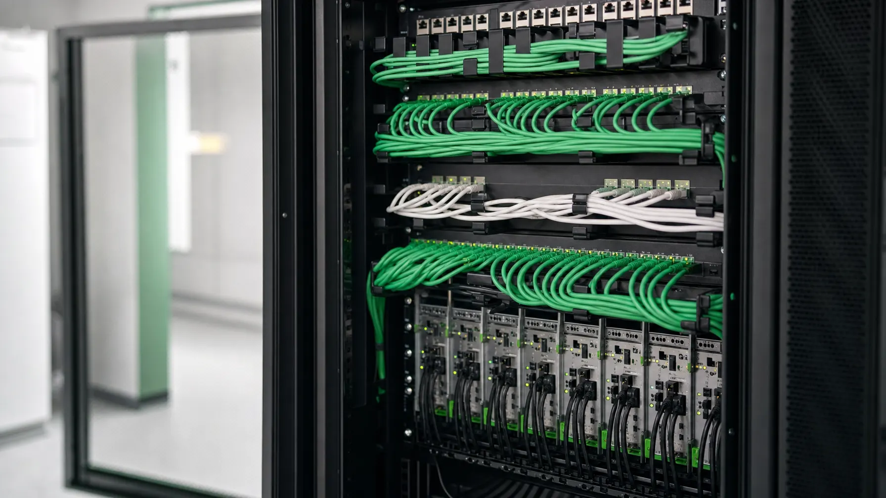 Sauber gesteckte strukturierte Netzwerkverkabelung in einem Serverschrank