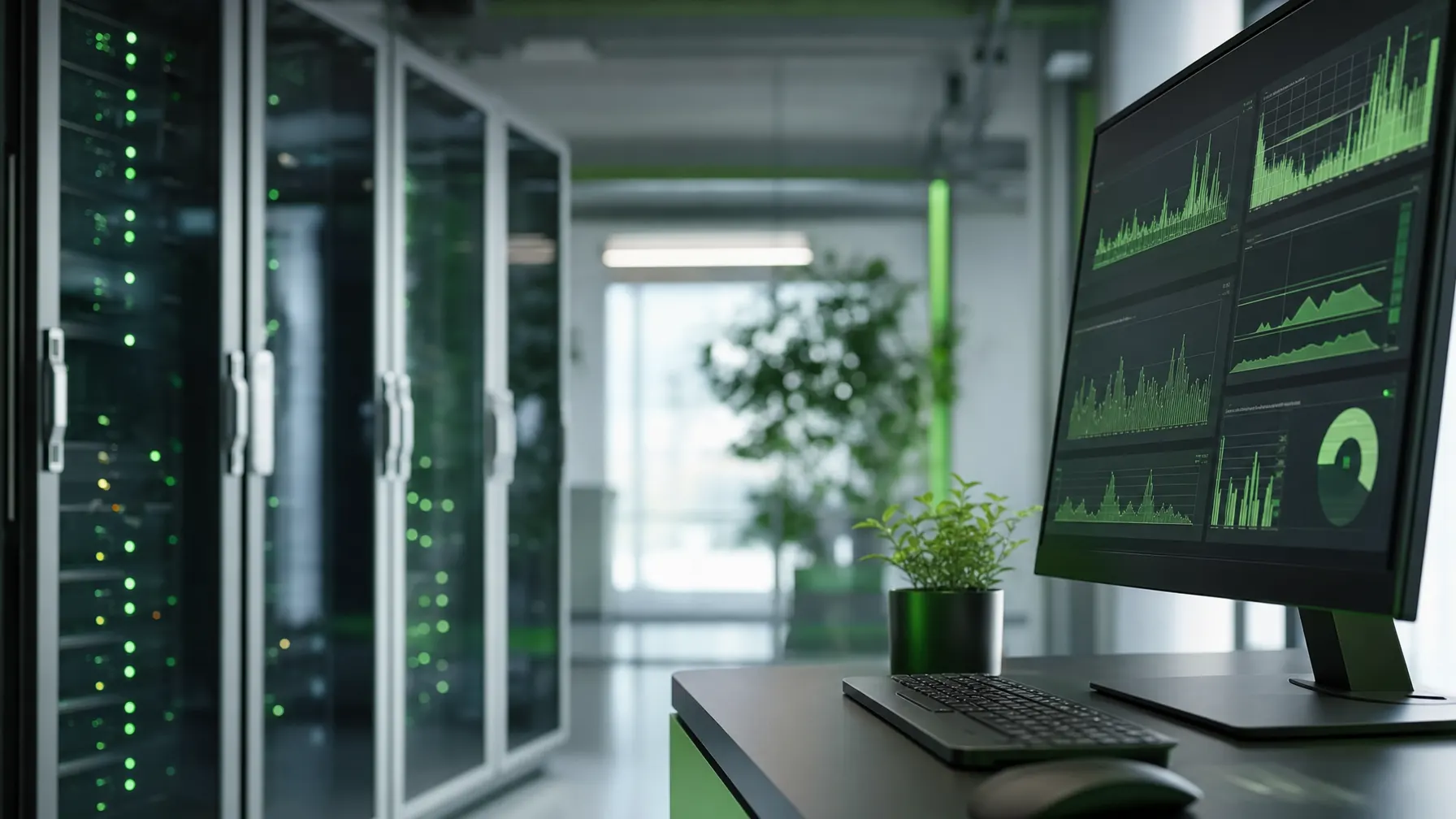 Serverraum mit Monitoring-Dashboard auf einem Bildschirm im laufenden Betrieb