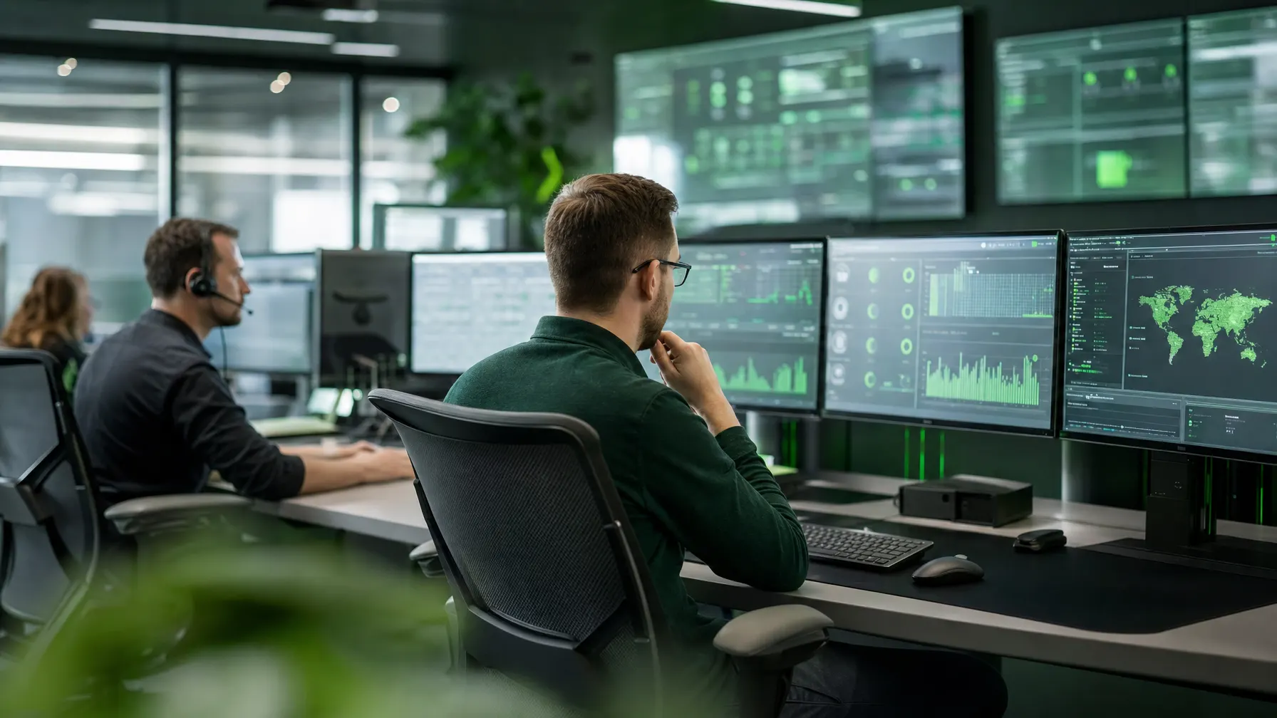 IT-Team im Network Operations Center vor Monitoren mit Betriebs-Dashboards