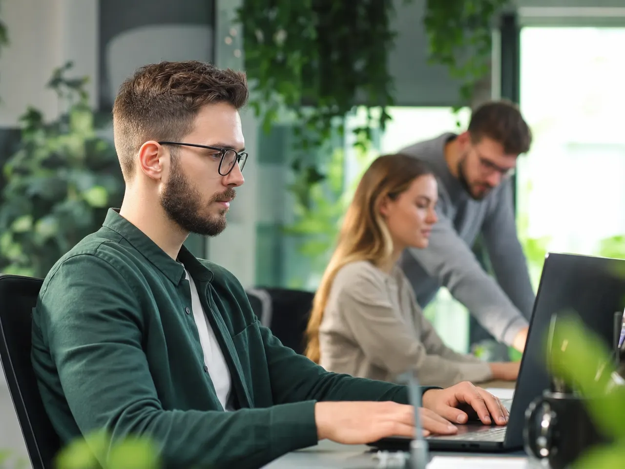 IT-Dienstleister-Team im Büro bei der Arbeit an Laptops