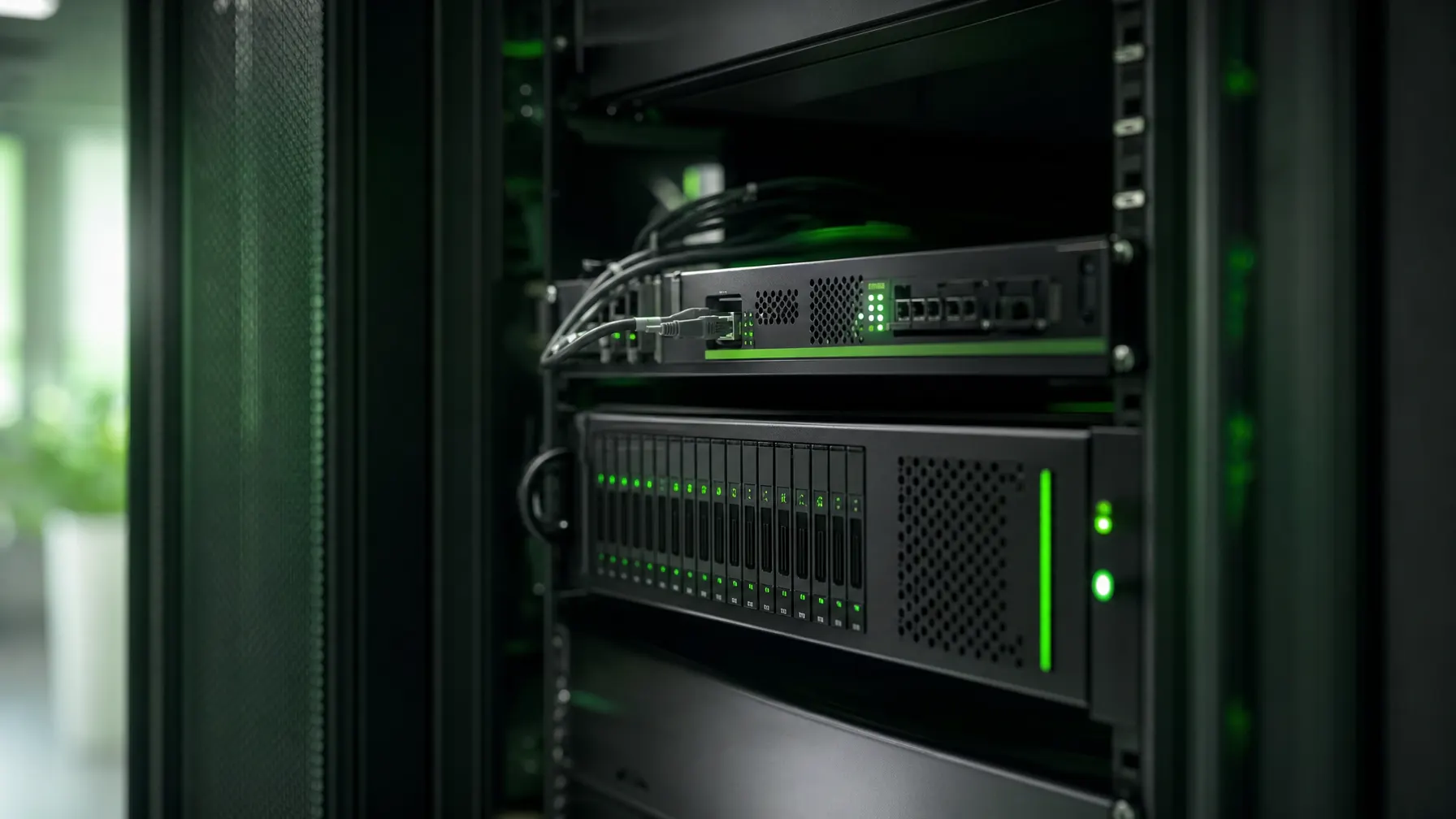 Firewall- und Backup-Appliance im Serverschrank mit grünen LEDs