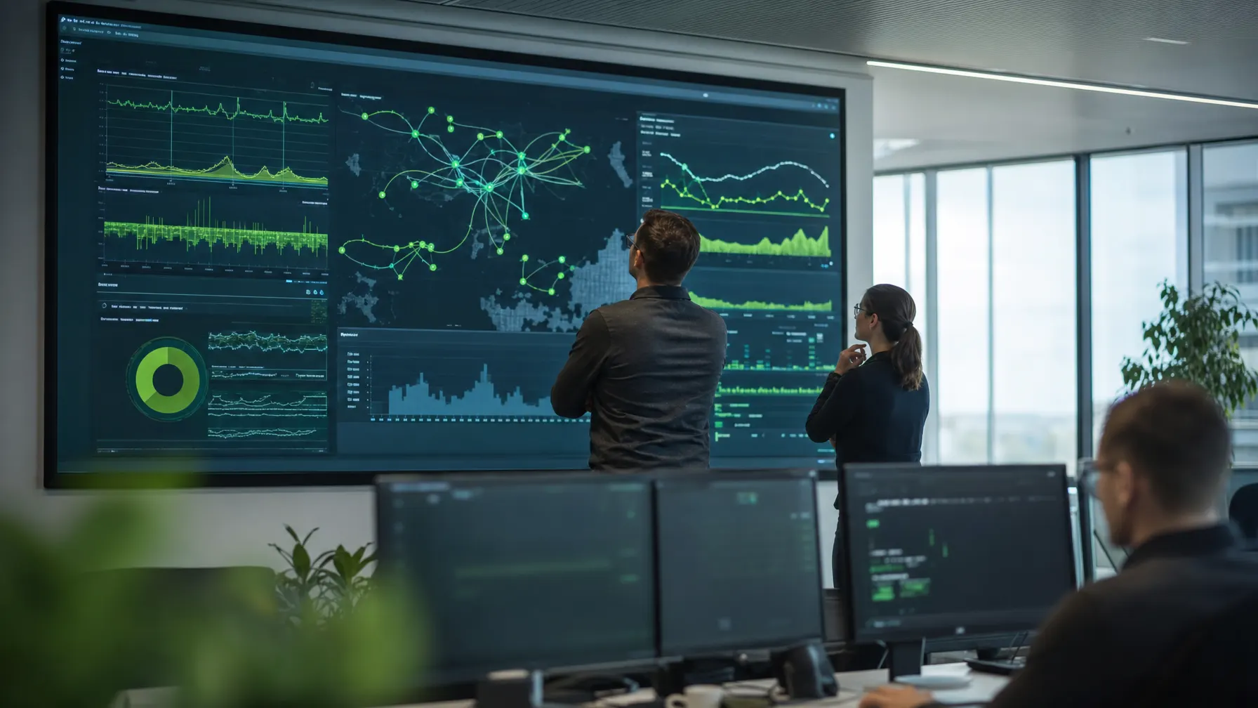 Monitoring-Dashboard mit Netzwerk-Metriken und grünen Statusanzeigen
