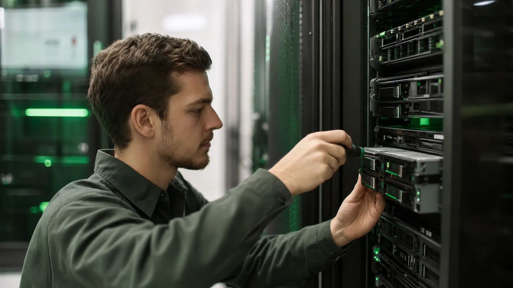 IT-Techniker wartet Serverhardware im Rack mit Werkzeug