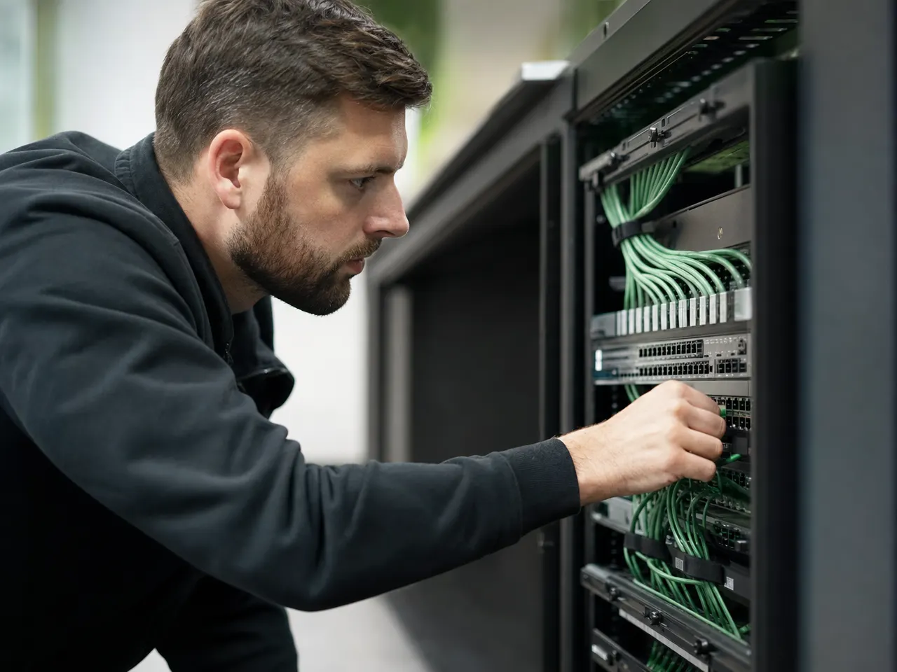 IT-Technikerin prüft Netzwerkkomponenten im Rack mit einem Messgerät