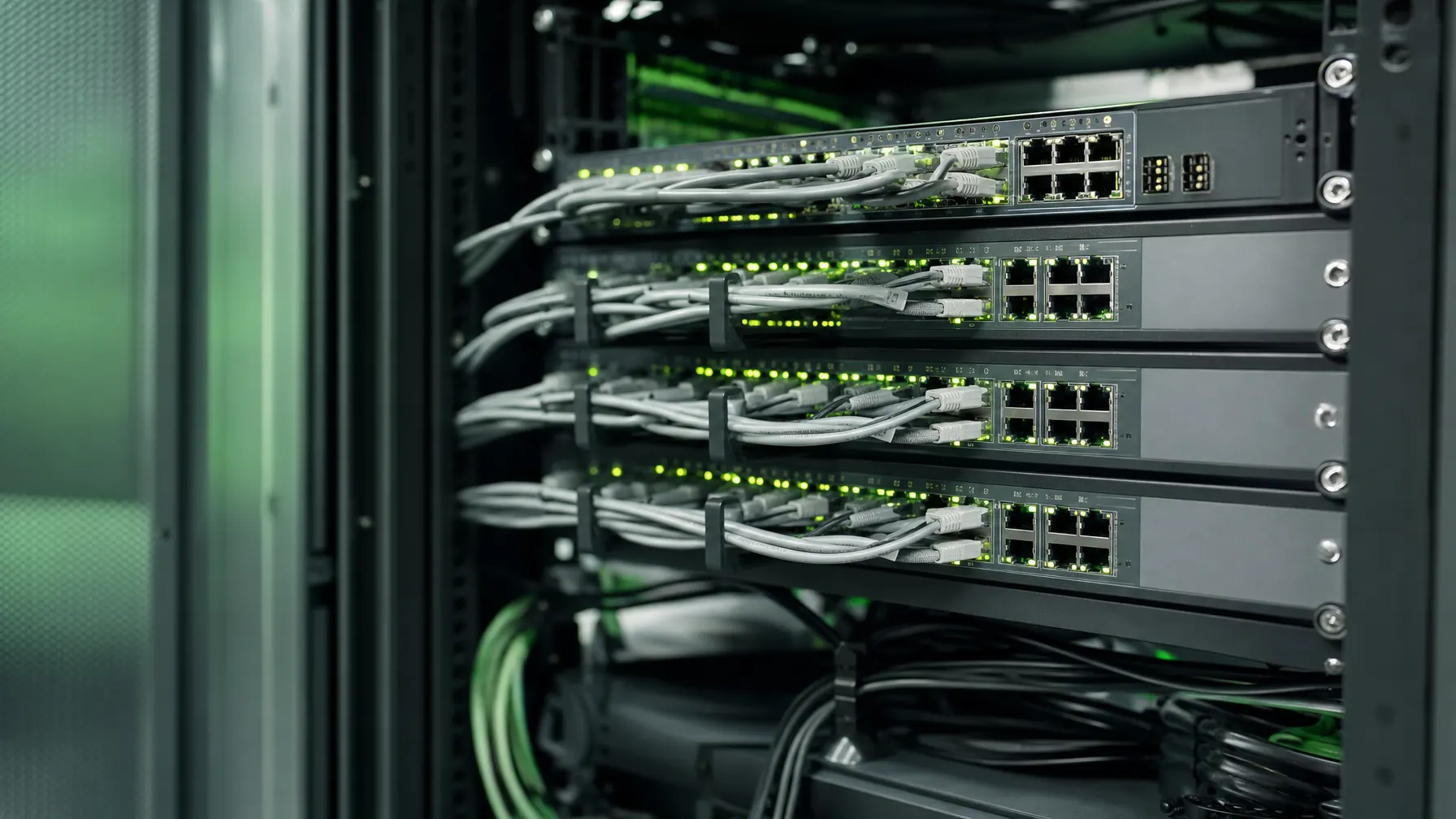 Netzwerk-Switches mit vielen gesteckten Patchkabeln und grünen Statusanzeigen