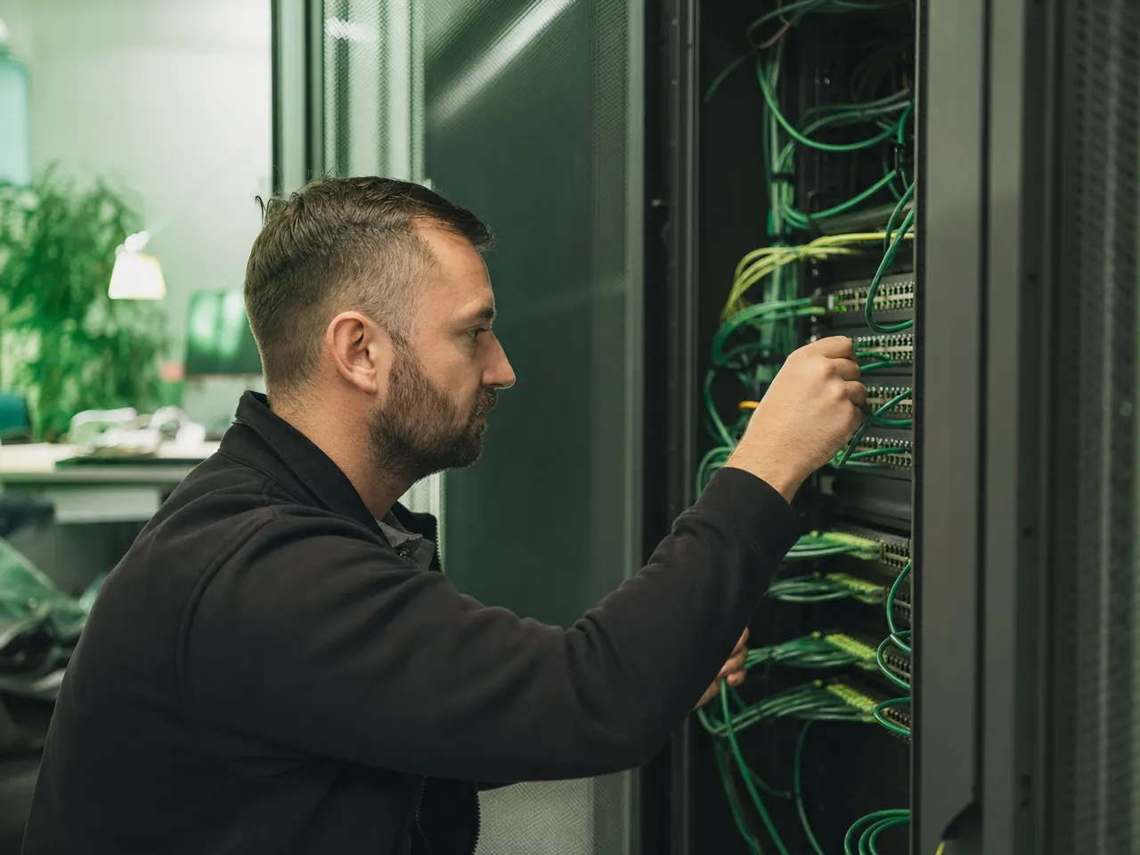 IT-Techniker konfiguriert einen Netzwerk-Switch im Serverschrank