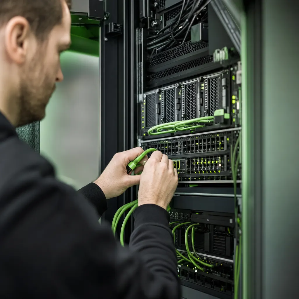 Netzwerktechnik zur Standortanbindung im Serverschrank mit Glasfaseranschluss