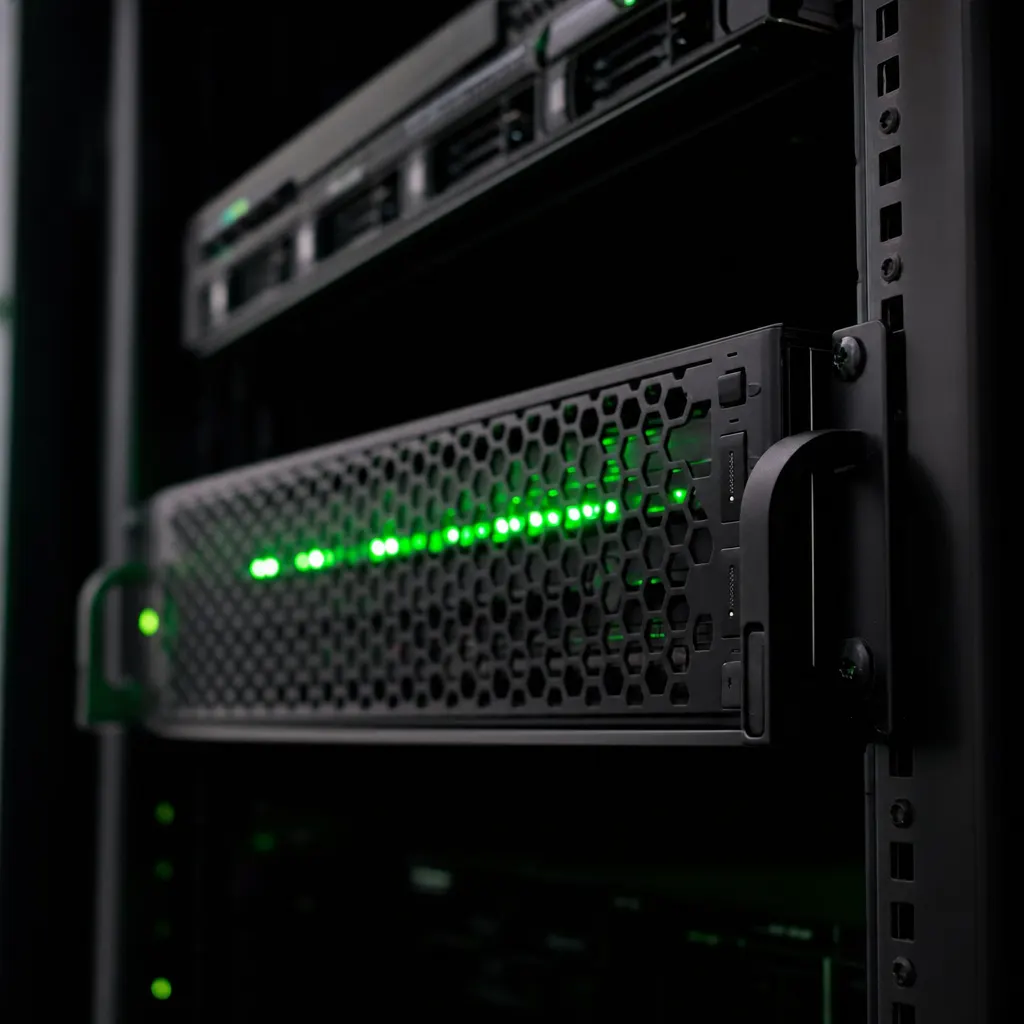 Firewall-Appliance mit grünen LEDs im dunklen Serverschrank