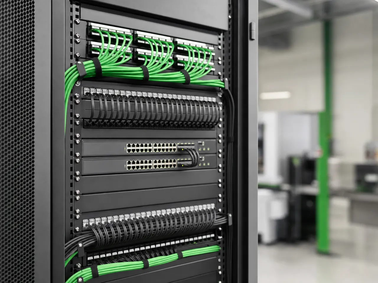 Netzwerkschrank mit Switches, beschrifteten Patchfeldern und klar getrennten Kabelwegen