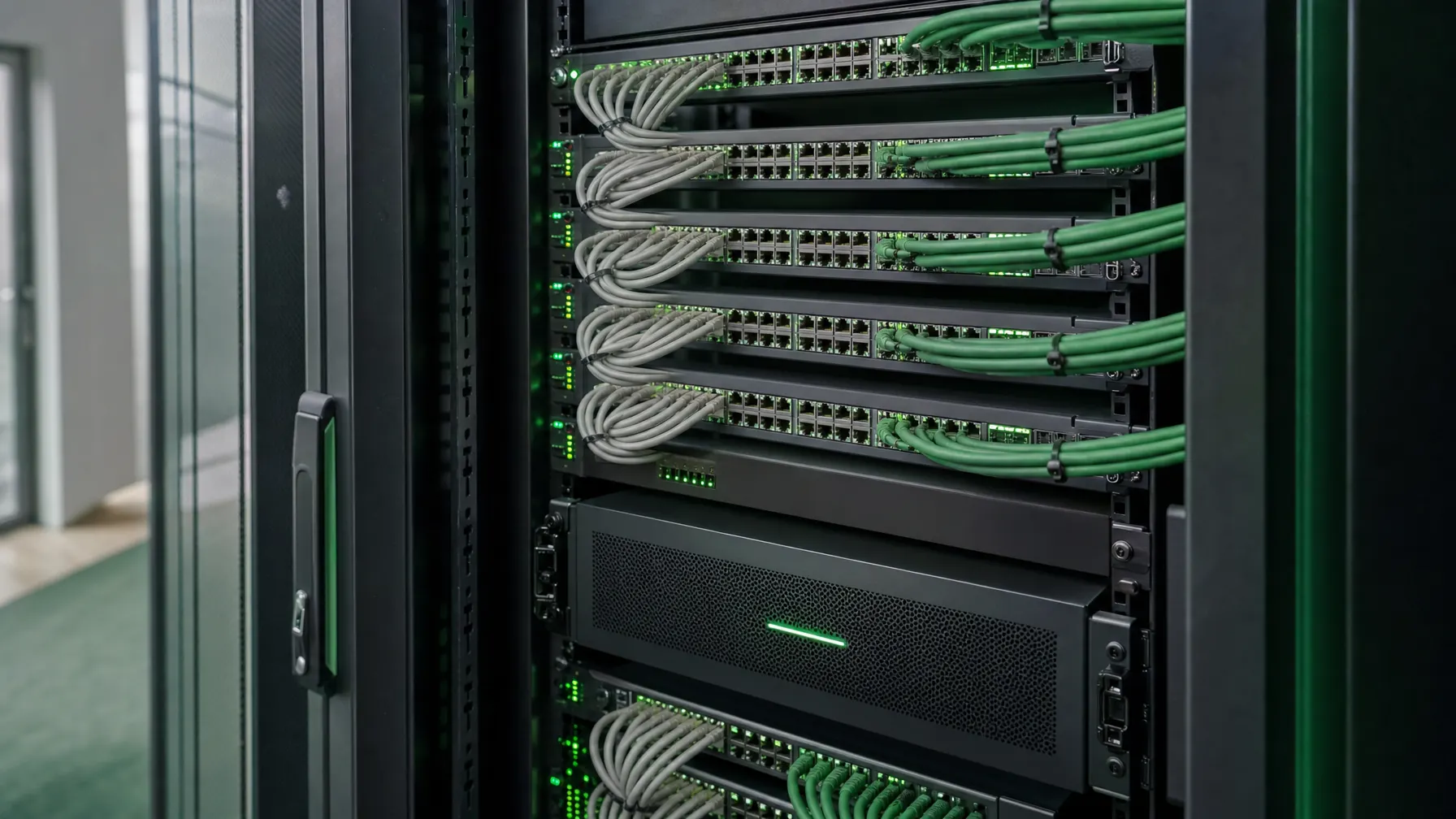 Netzwerk-Switches und Sicherheitsappliance im Serverschrank, Patchkabel in zwei farblich getrennten Wegen