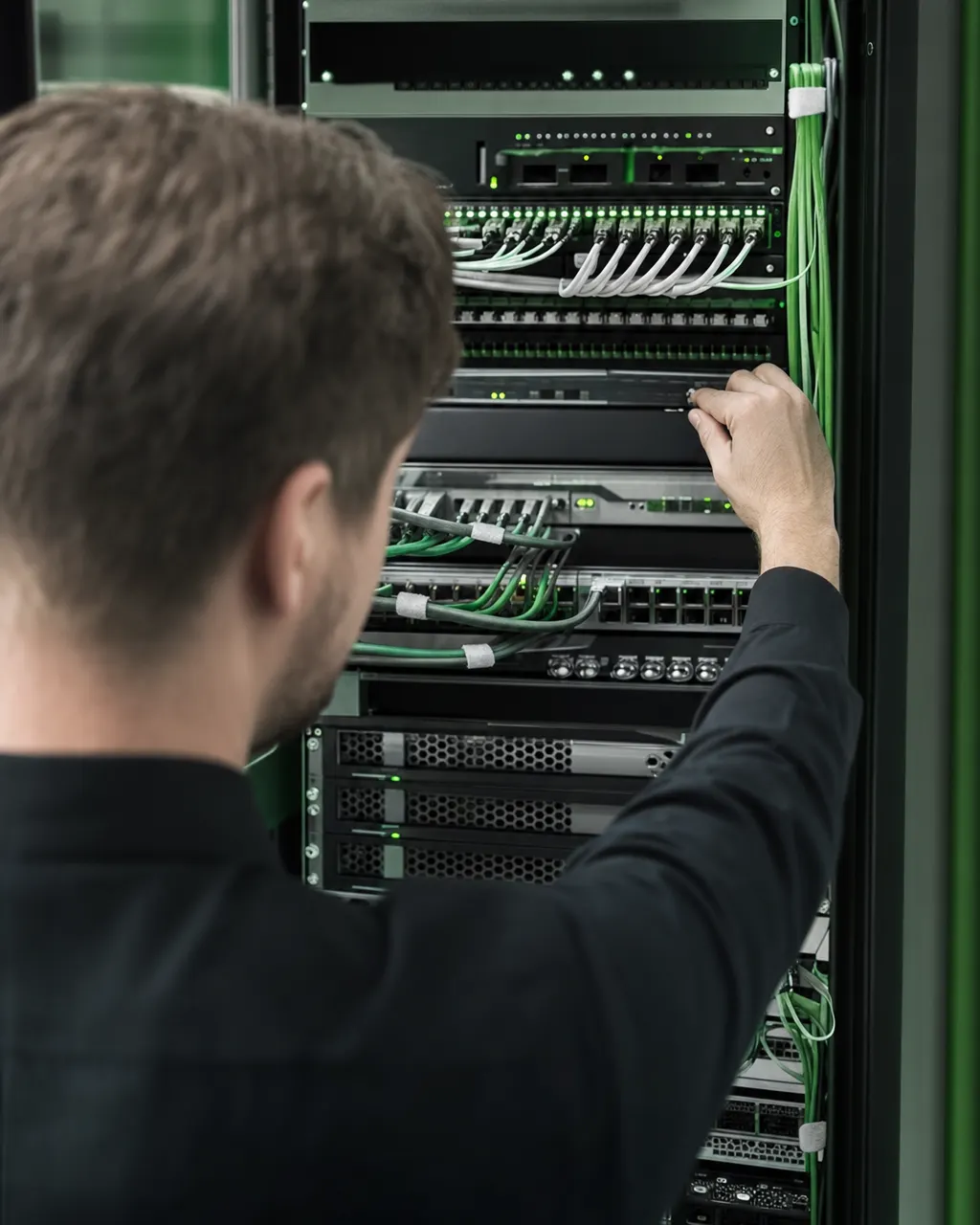 Netzwerktechniker konfiguriert einen Switch im Serverschrank