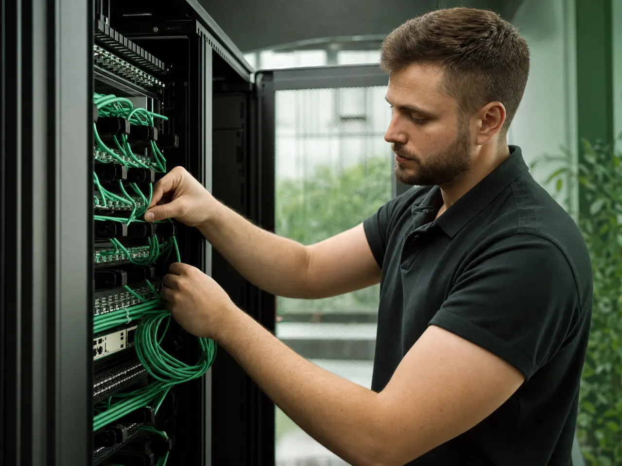 Techniker prüft Verkabelungsplan und Patchfeld im Serverschrank