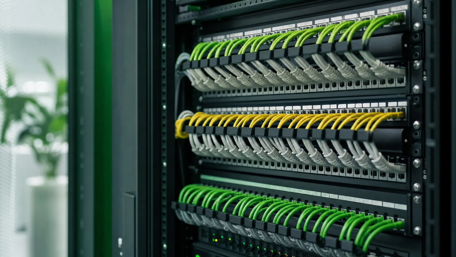 Serverschrank mit sauber gesteckten farbigen Patchkabeln im Patchpanel