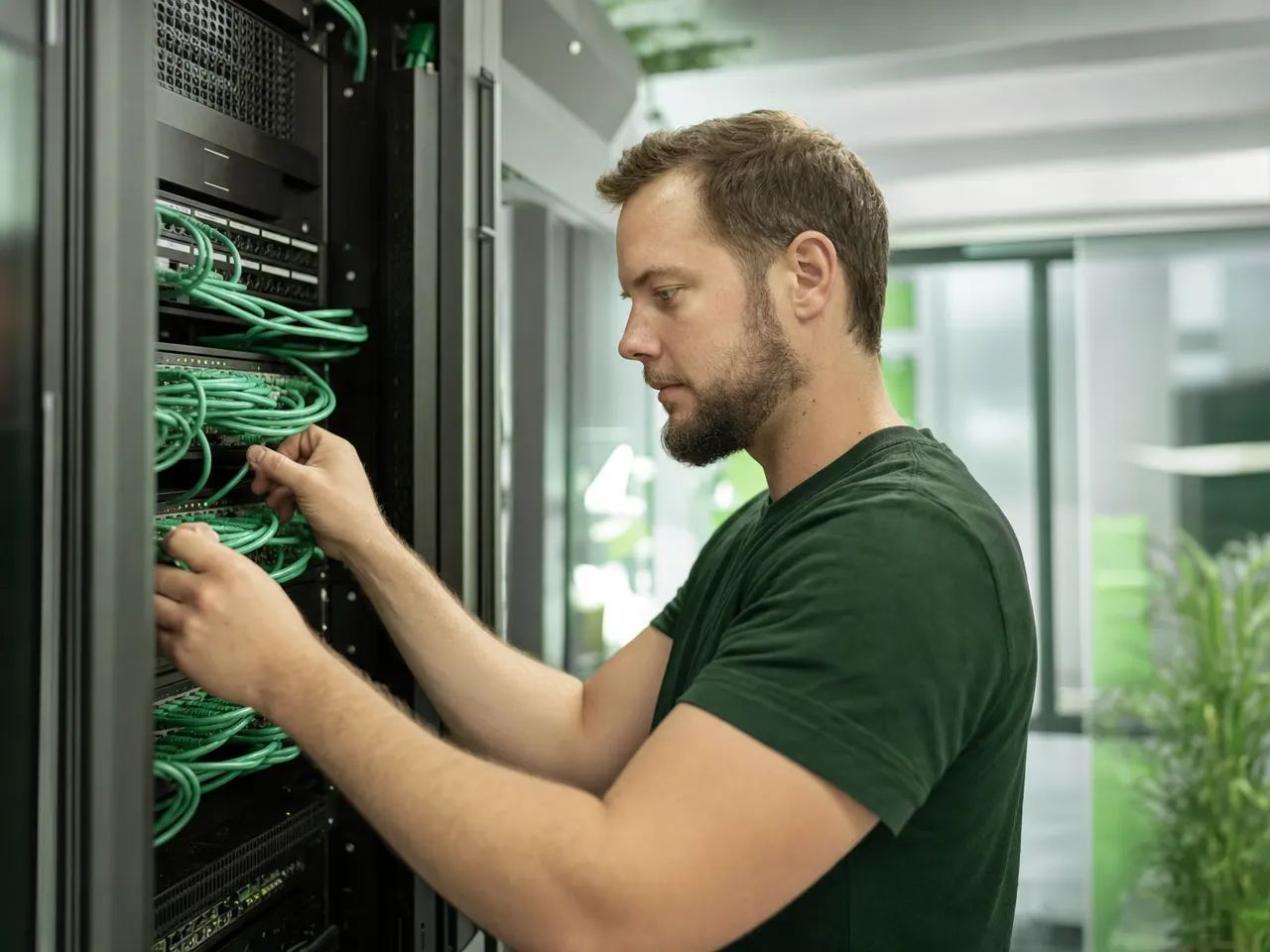 IT-Techniker installiert Netzwerkverkabelung in einem Serverschrank