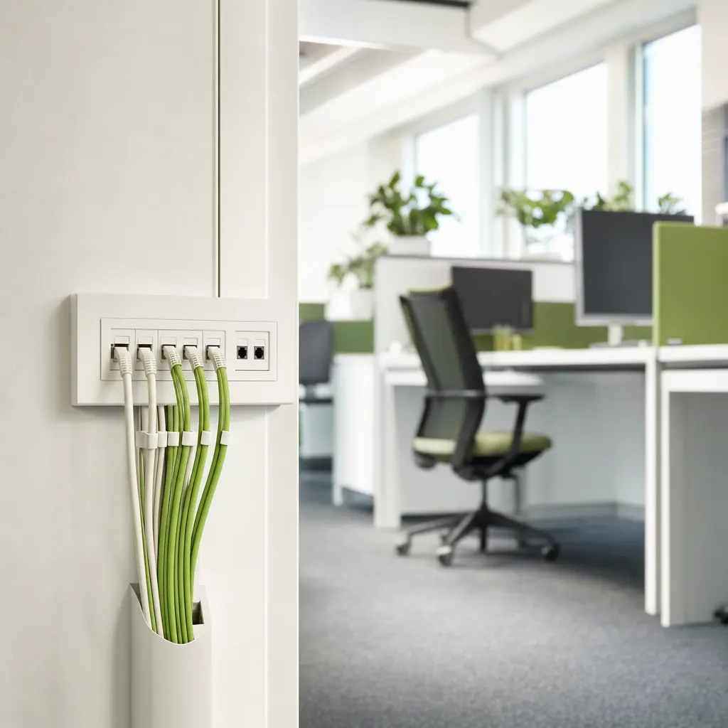 Strukturierte Netzwerkdosen und saubere Verkabelung in einem modernen Büro