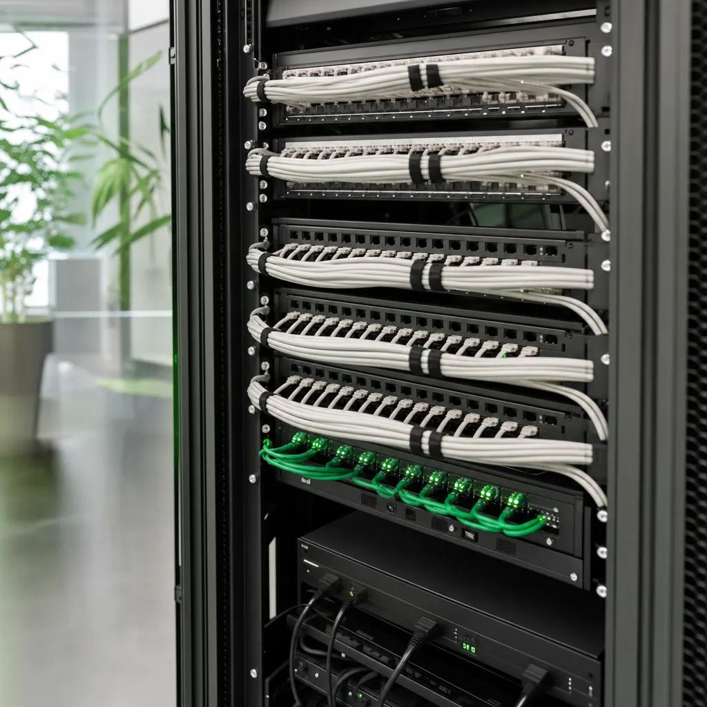 Serverschrank mit Patchpanel und sauber rangierten Netzwerkkabeln