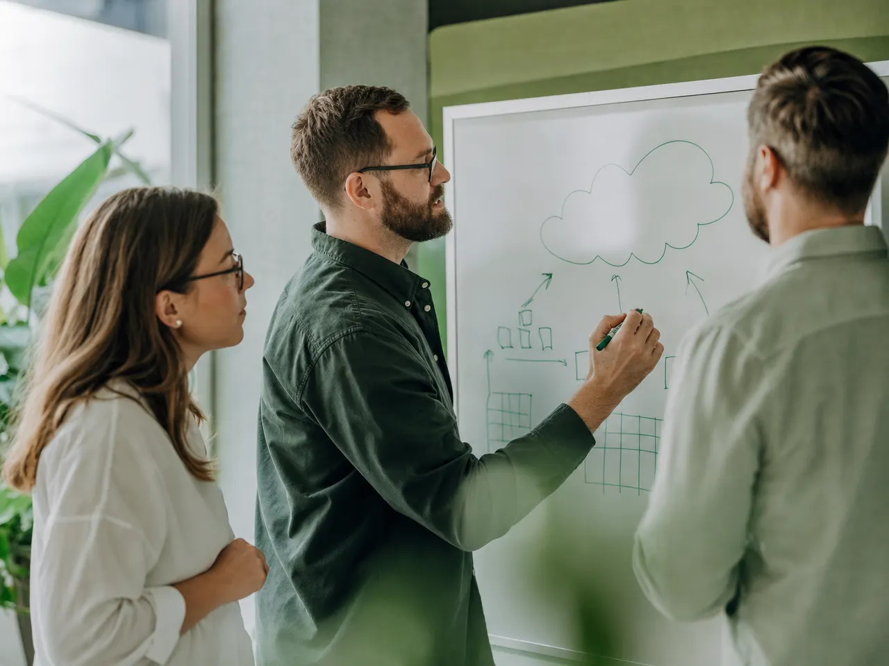 IT-Team plant eine Cloud-Migration an einem Whiteboard mit Architekturdiagramm