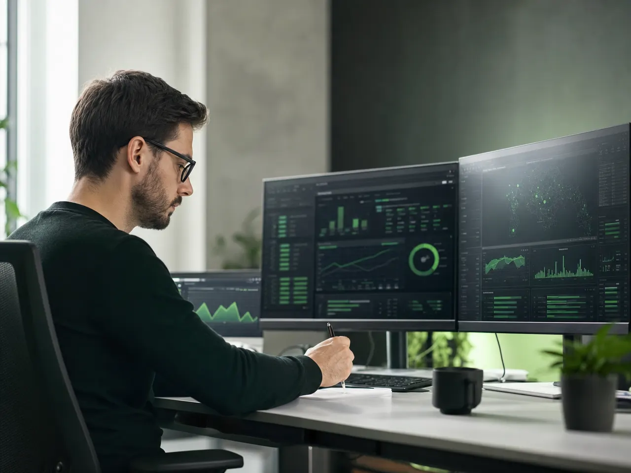IT-Fachkraft prüft eine Sicherheits-Checkliste an einem Monitor mit Dashboard