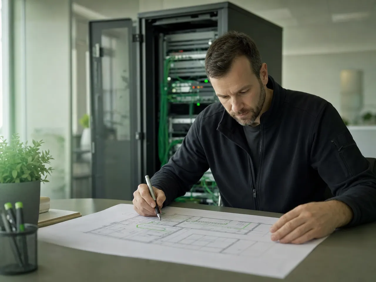 Techniker plant Netzwerkverkabelung anhand eines Grundrisses vor einem Serverschrank