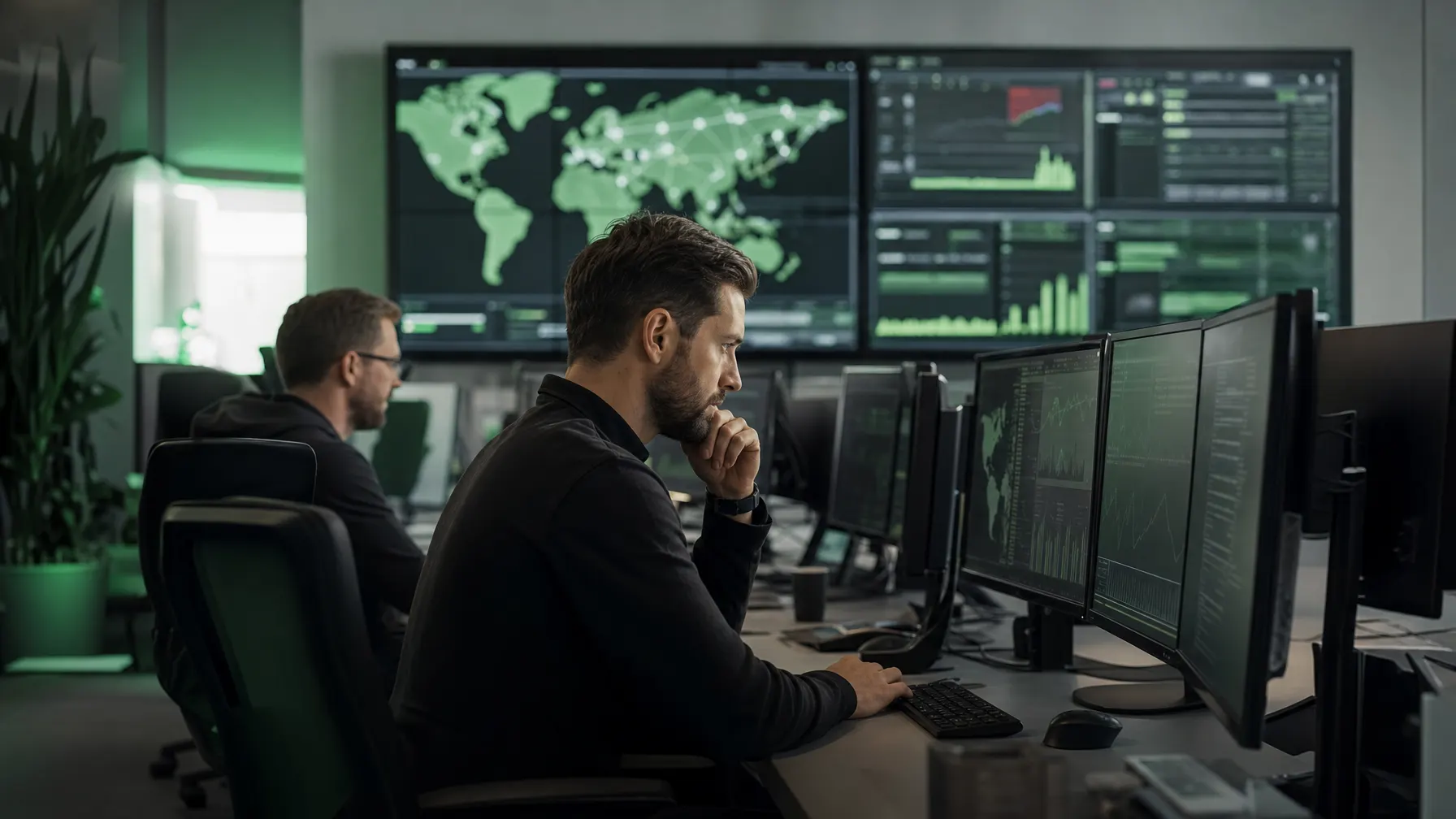 Security Operations mit mehreren Monitoren und Auswertungen in konzentrierter Atmosphäre