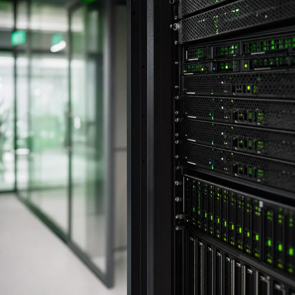 Serverrack mit eingebauten Systemen und grünen Betriebsanzeigen