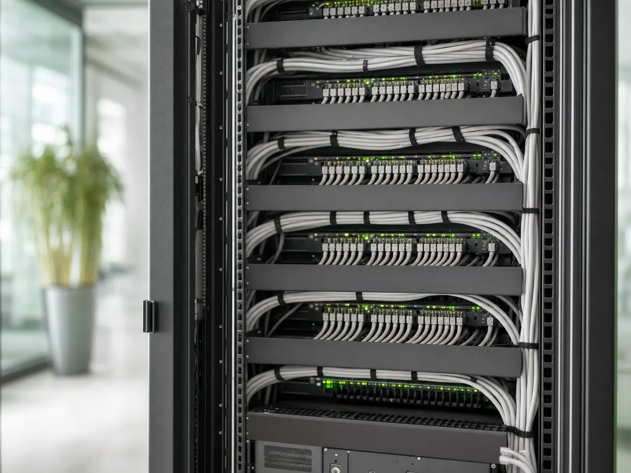 Techniker prüft die Verkabelung in einem Serverschrank
