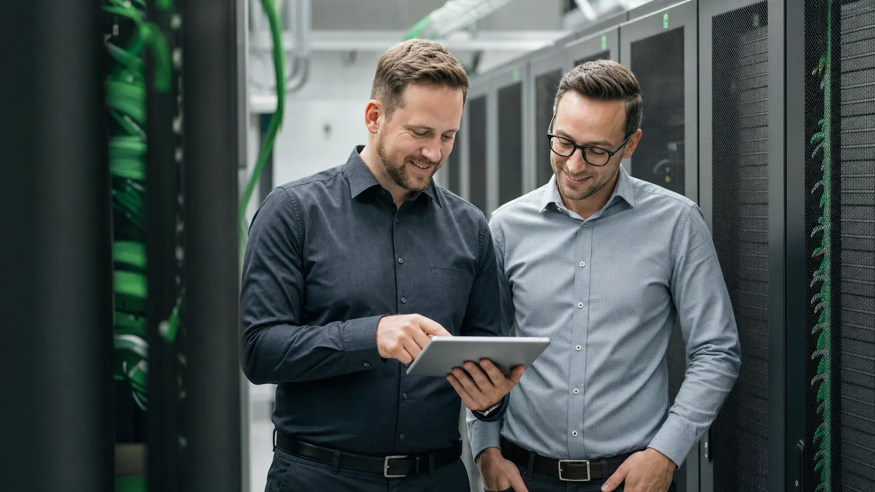 Serverraum mit Netzwerktechnik und leuchtenden Statusanzeigen im Rack
