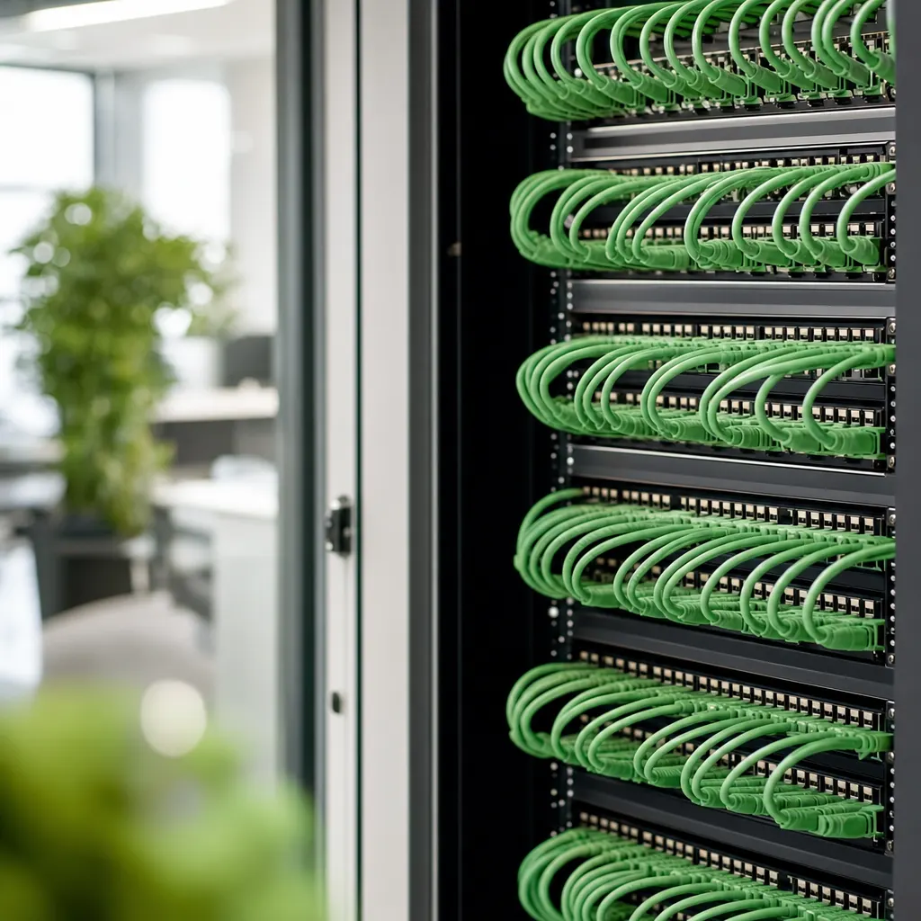 Sauber rangierter Serverschrank nach abgeschlossener Netzwerkverkabelung