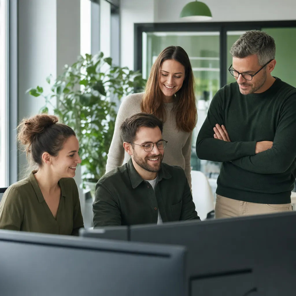 IT-Fachkräfte begleiten eine Cloud-Migration an mehreren Bildschirmen