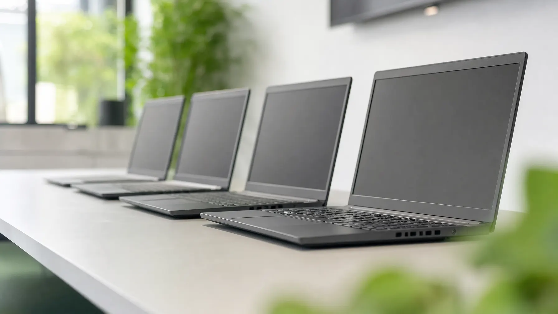 Aufbereitete Business-Notebooks aufgereiht nach der Endkontrolle