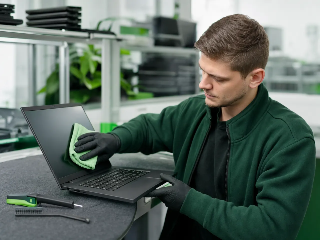 Techniker prüft ein aufbereitetes Notebook vor der Auslieferung
