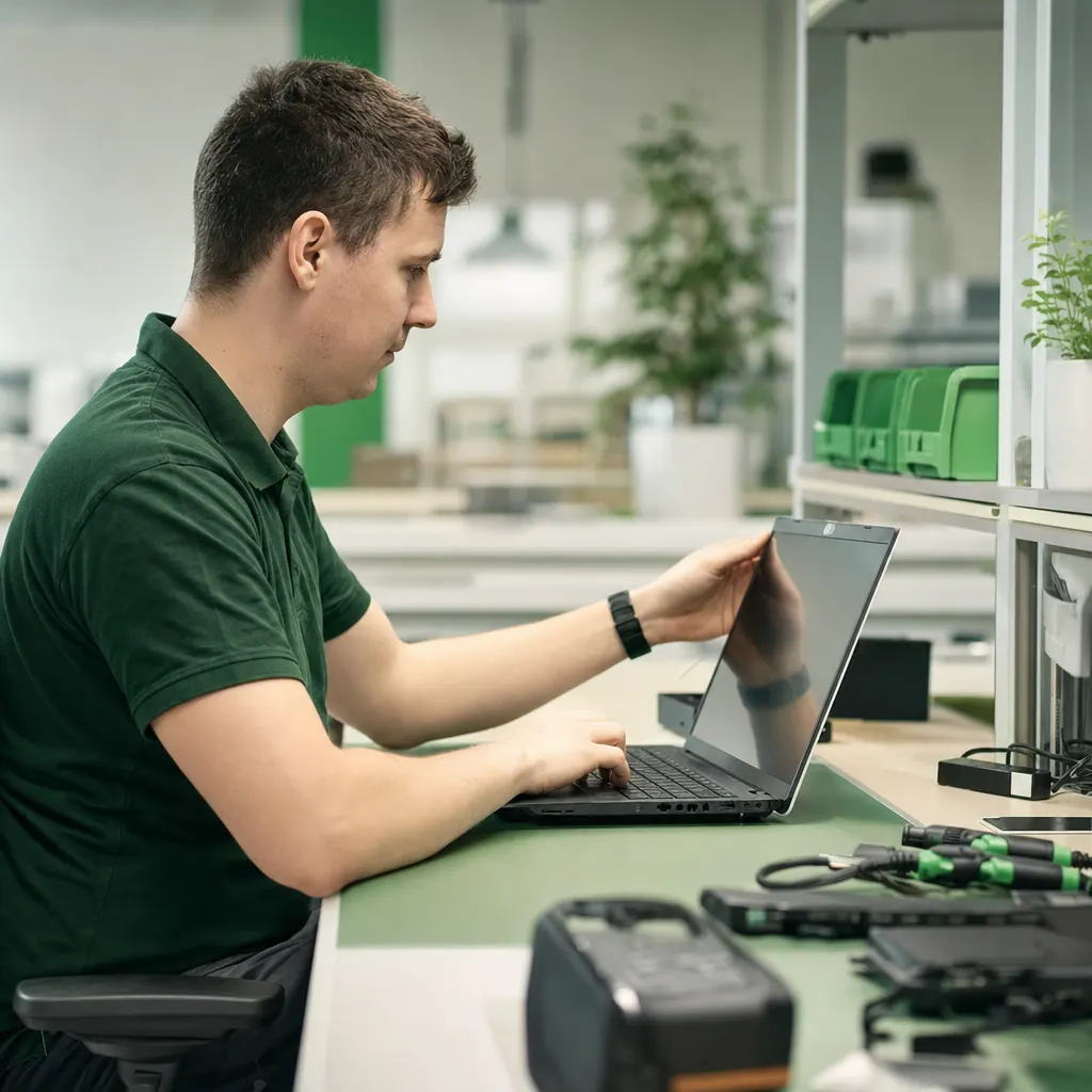 Technikerin prüft Funktion und Zustand eines gebrauchten Notebooks