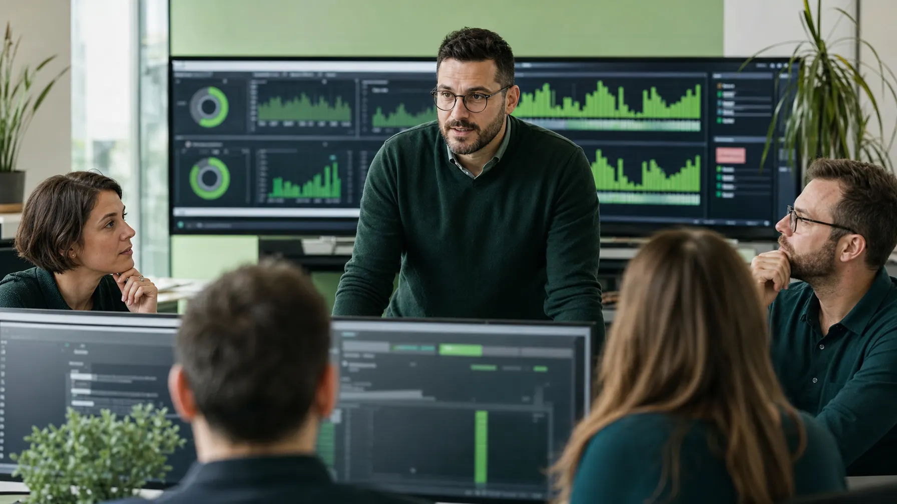Besprechung eines IT-Teams vor Monitoren mit Ereignisübersicht