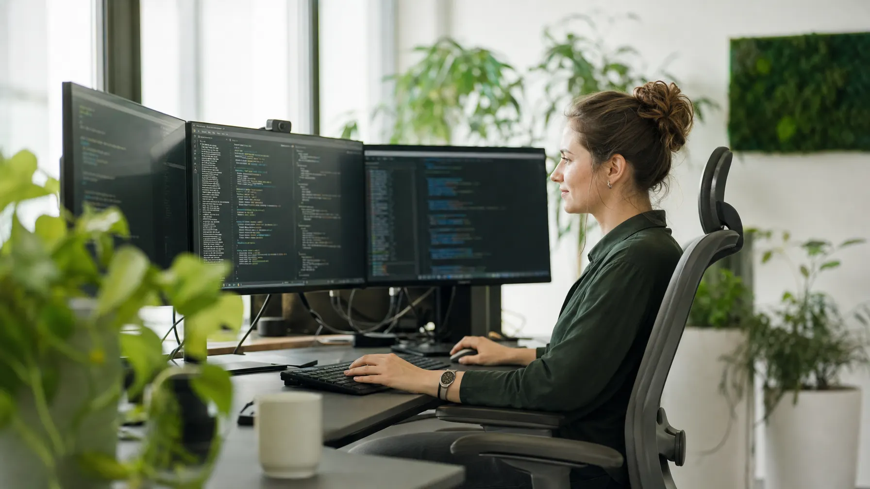 Entwicklerin arbeitet konzentriert an Quelltext auf zwei Bildschirmen