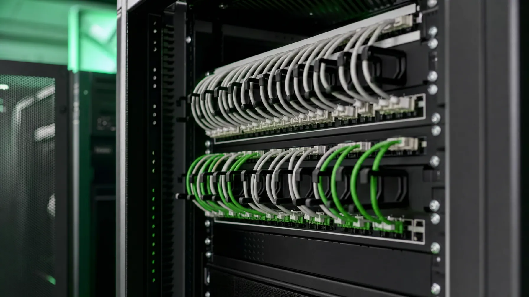 Sauber beschriftetes Patchpanel im Serverschrank mit ordentlicher Kabelführung