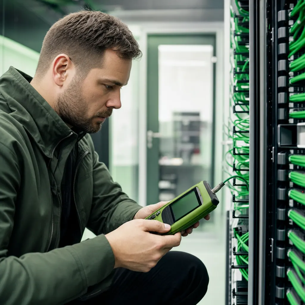 Techniker misst eine Netzwerkstrecke mit einem Messgerät im Serverschrank