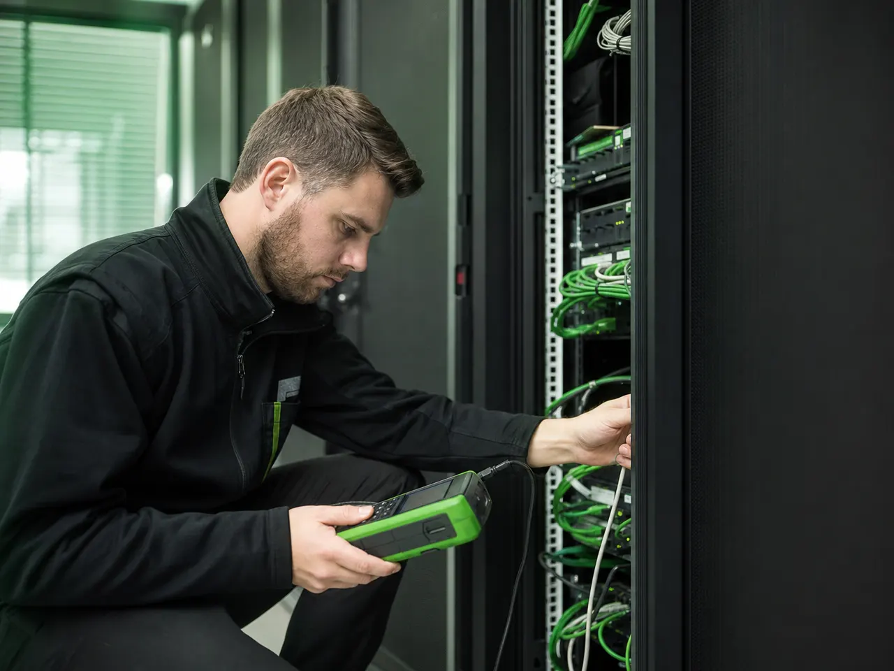 IT-Techniker prüft Netzwerk-Hardware im Serverraum mit einem Messgerät