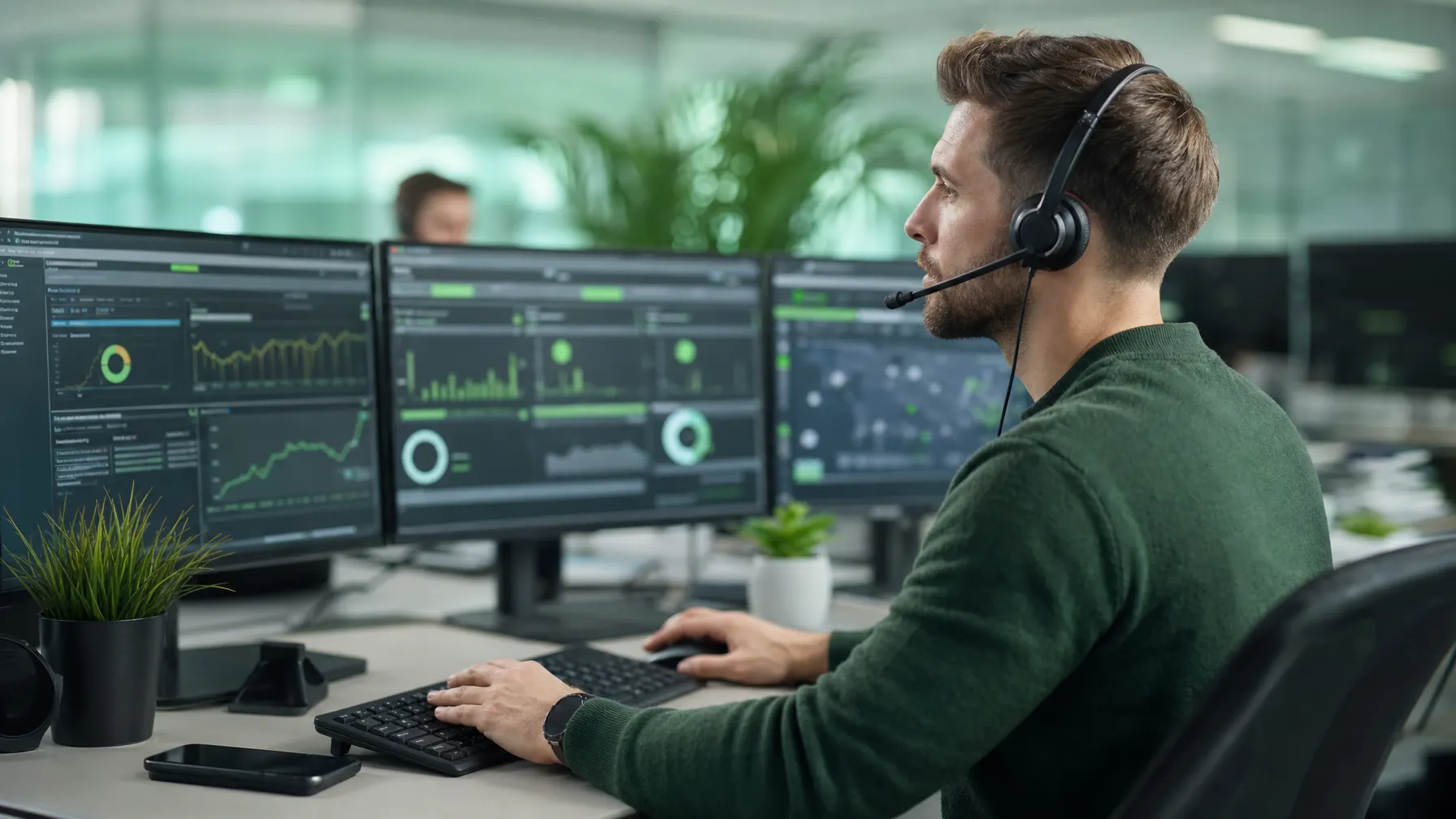 IT-Supporttechniker mit Headset vor mehreren Monitoren mit Störungsübersicht