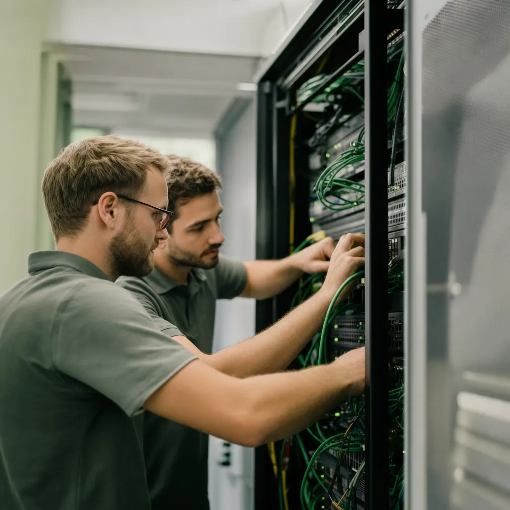 Zwei IT-Techniker verkabeln gemeinsam einen Serverschrank bei einem Rollout